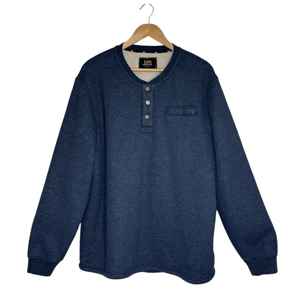 Lee Classic Blue Textured Crew neck Sherpa Lined Henley Pullover Shirt XL